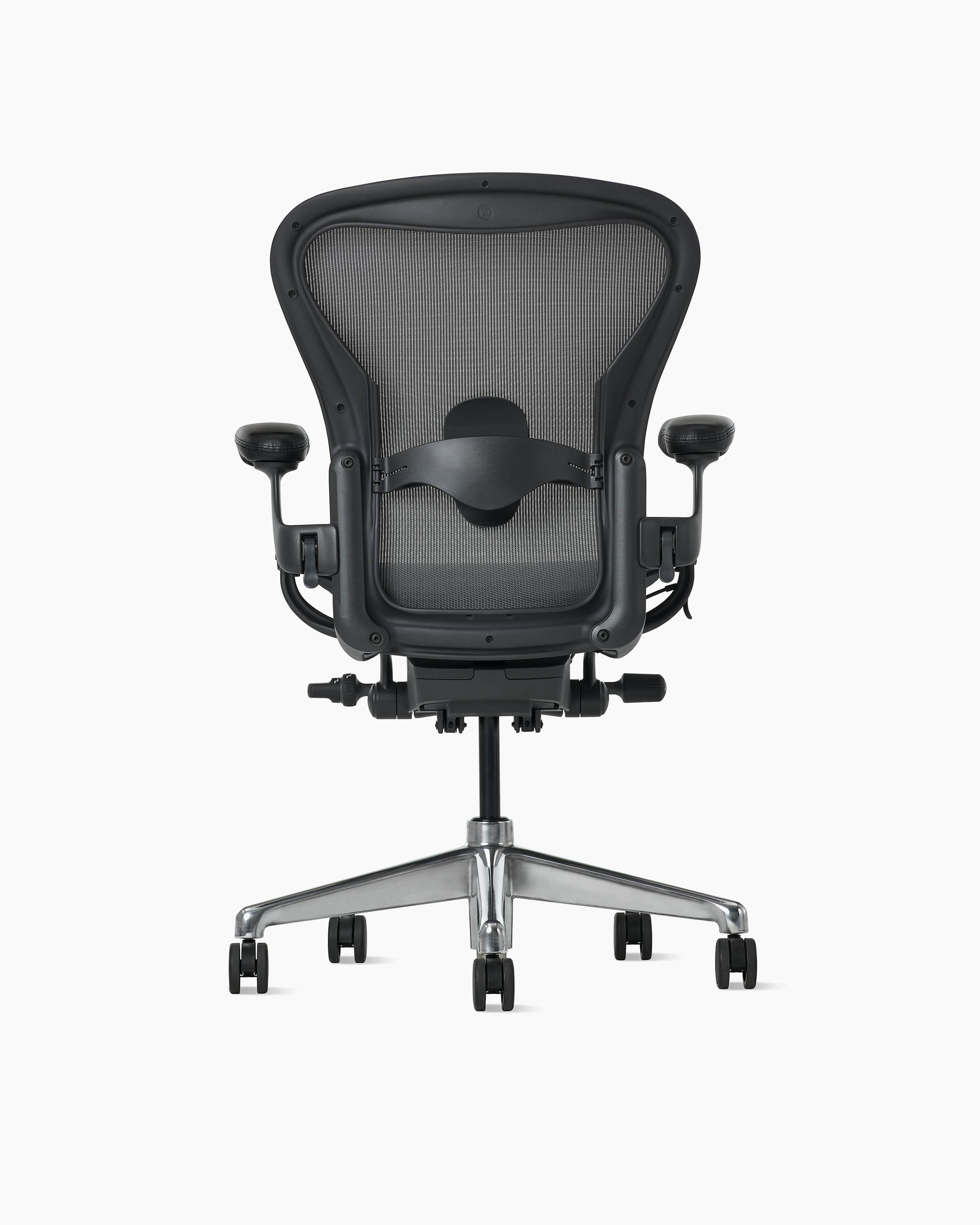 Rear view of an Aeron ESD chair in size B, granite frame and suspension and polished base.