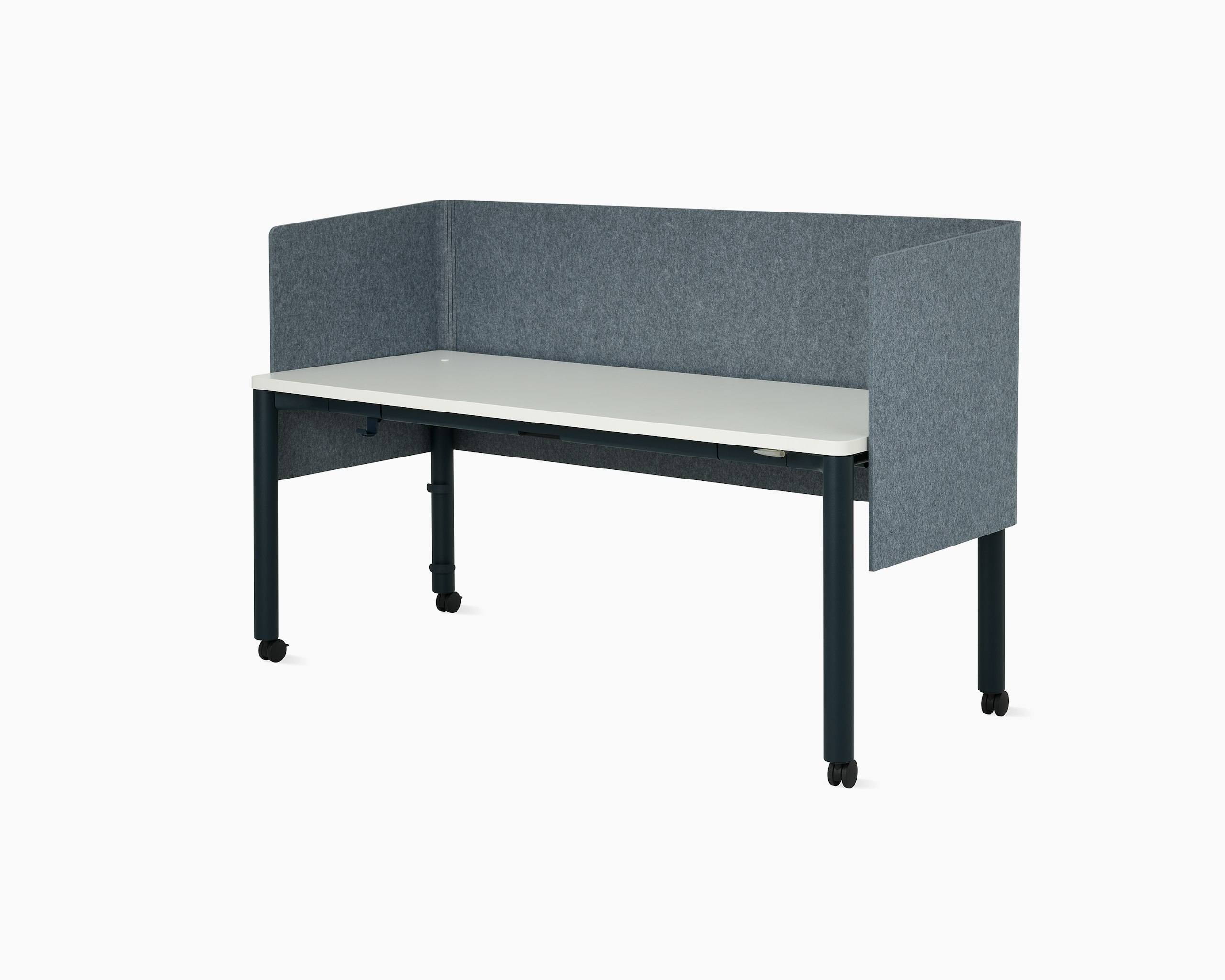 Front angle view of four leg height-adjustable table shown with grey screen, white surface, dark blue legs and casters.